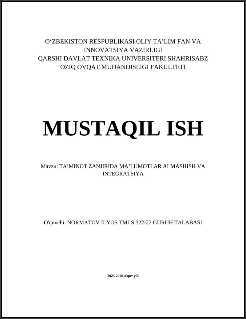 TA’MINOT ZANJIRIDA MA’LUMOTLAR ALMASHISH VA INTEGRATSIYA