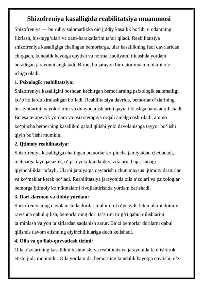 Shizofreniya kasalligida reabilitatsiya muammosi