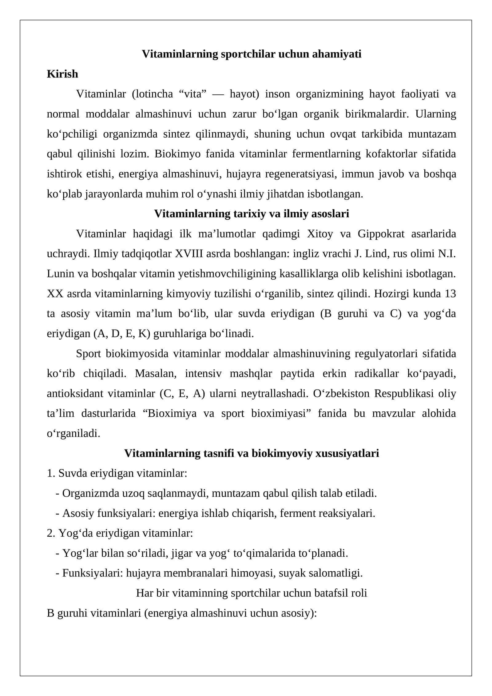 Vitaminlarning sportchilar uchun ahamiyati esse