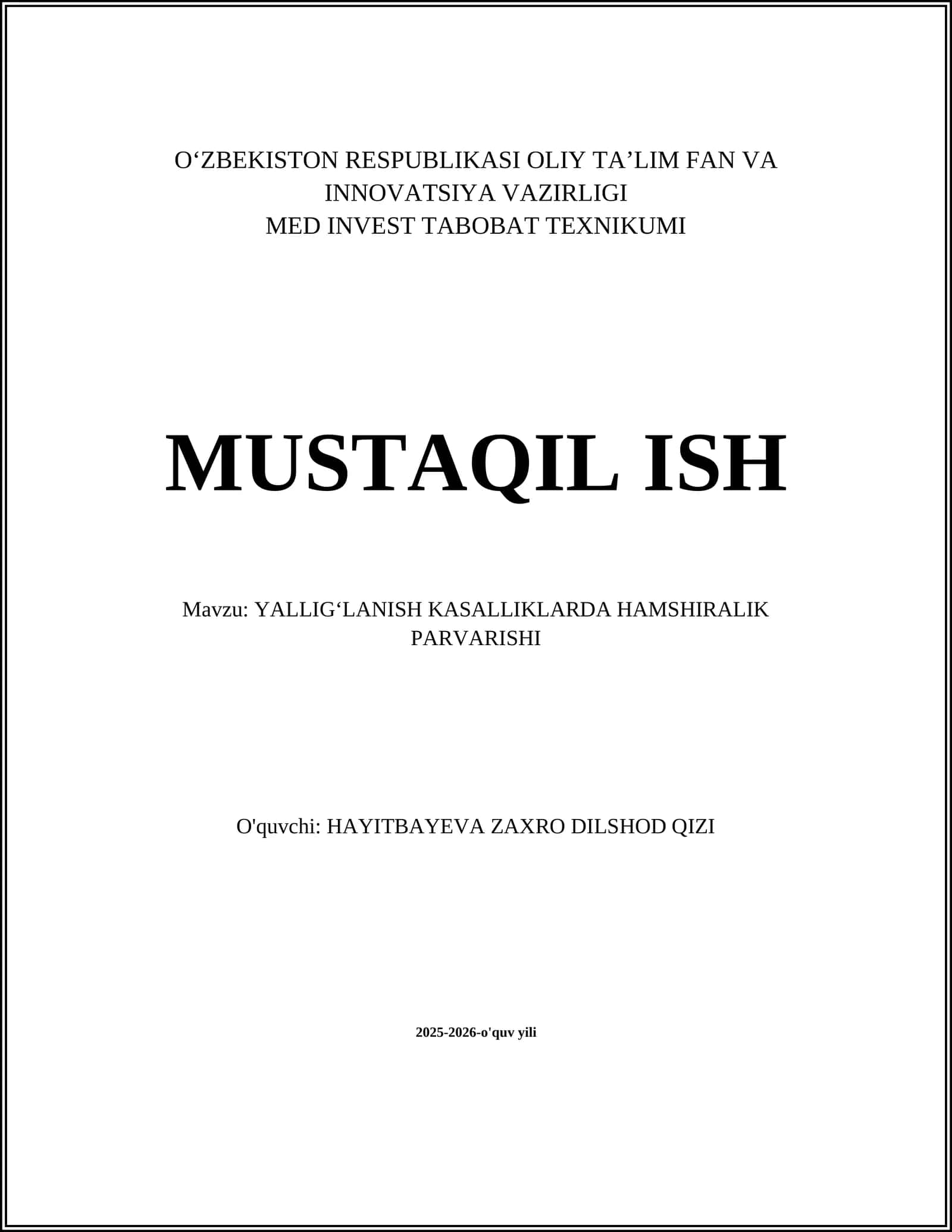 YALLIGʻLANISH KASALLIKLARDA HAMSHIRALIK PARVARISHI