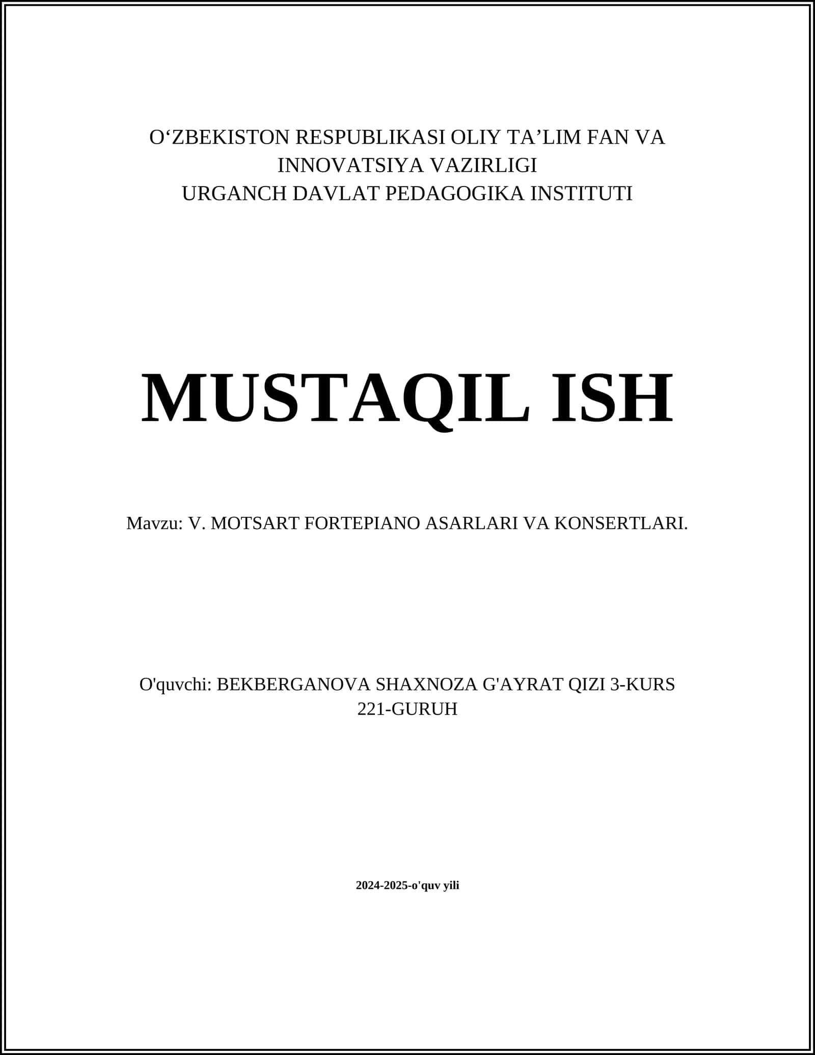 V. MOTSART FORTEPIANO ASARLARI VA KONSERTLARI