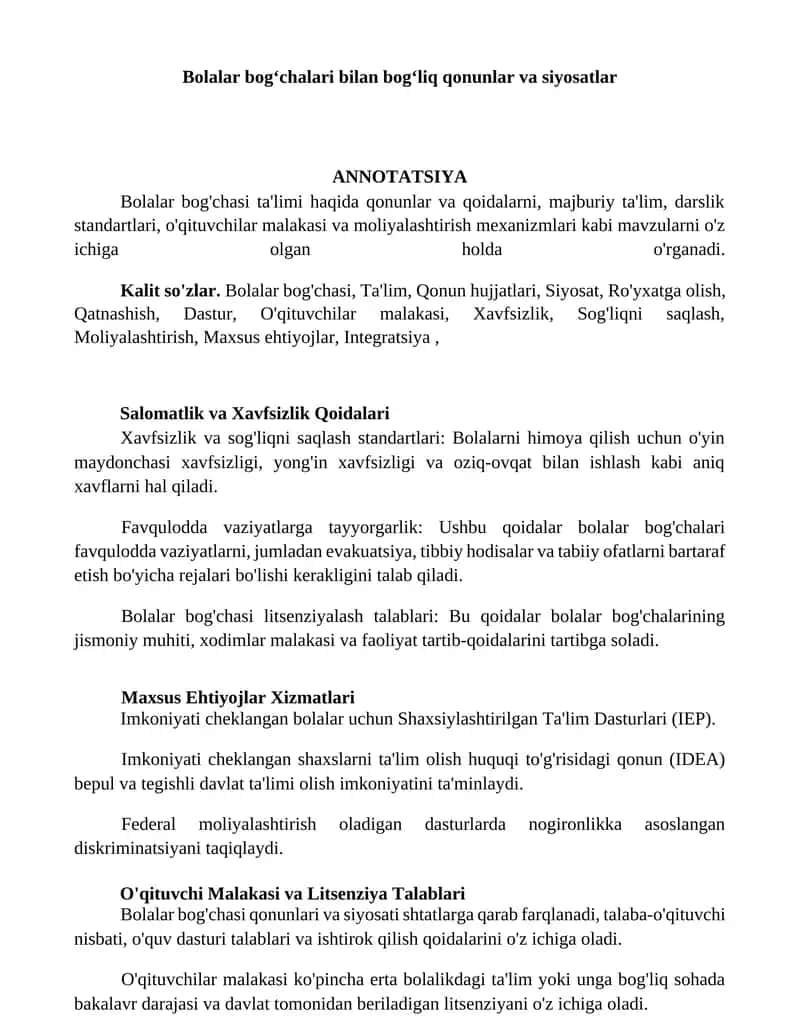 Bolalar bog'chalari bilan bog'liq qonunlar va siyosatlar