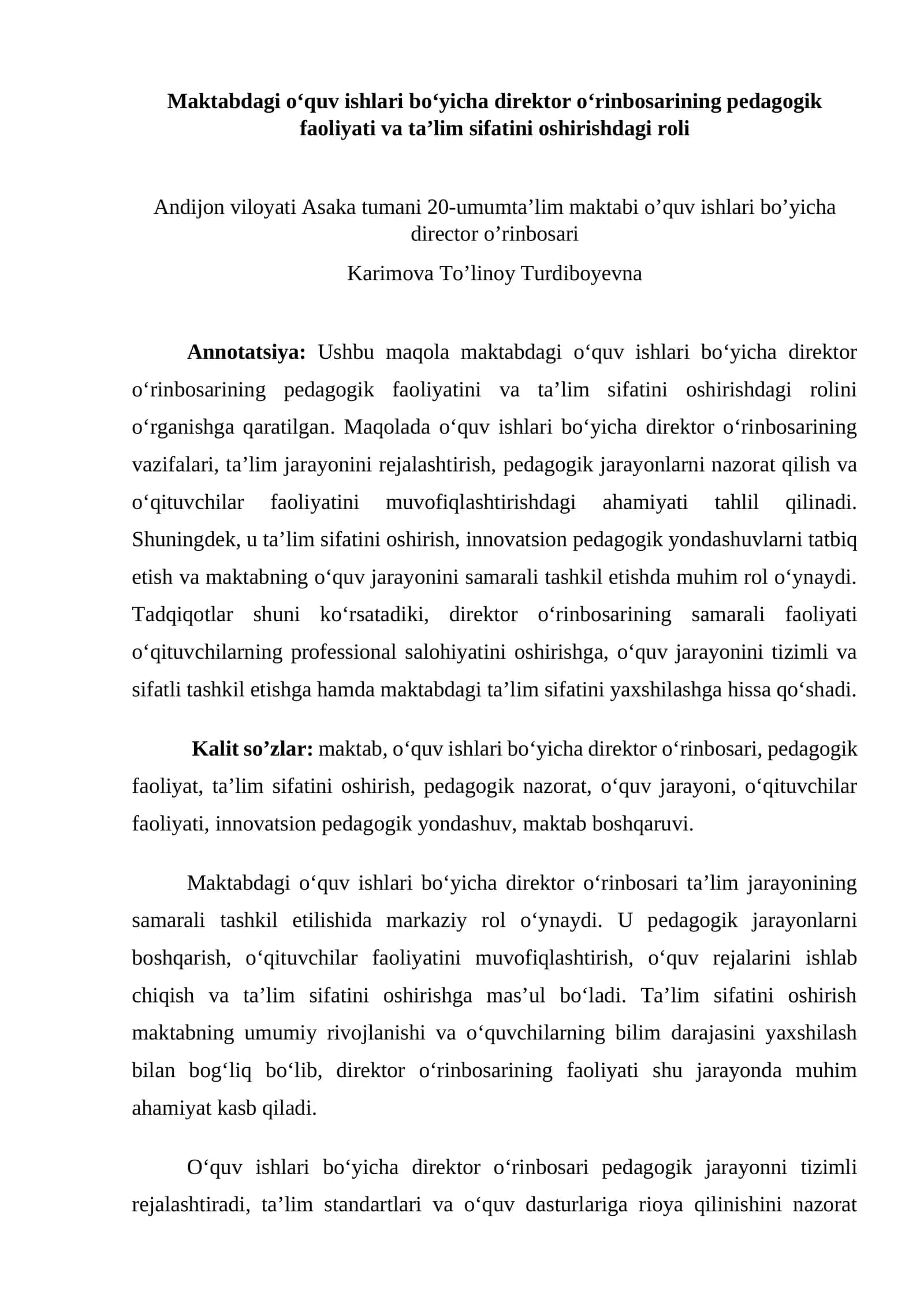 O‘quv ishlari bo‘yicha direktor o‘rinbosarining pedagogik faoliyati va ta’lim sifatini oshirishdagi roli
