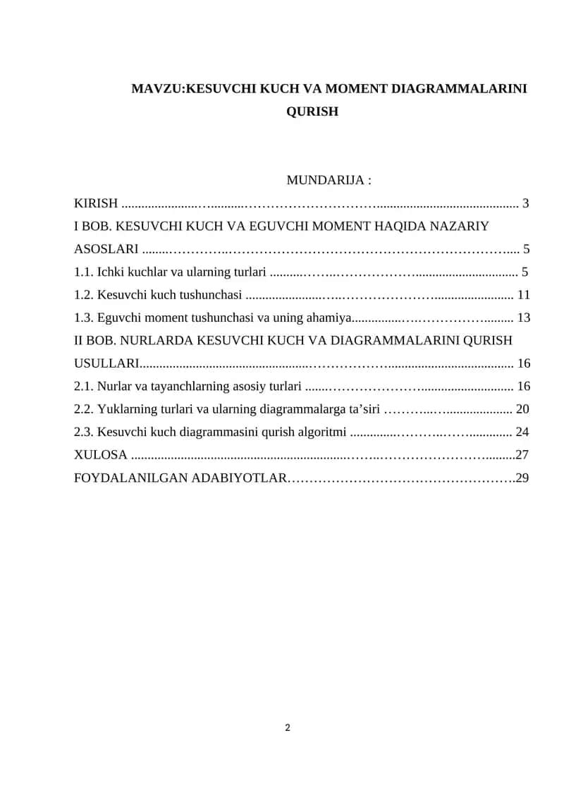 KESUVCHI KUCH VA MOMENT DIAGRAMMALARINI QURISH