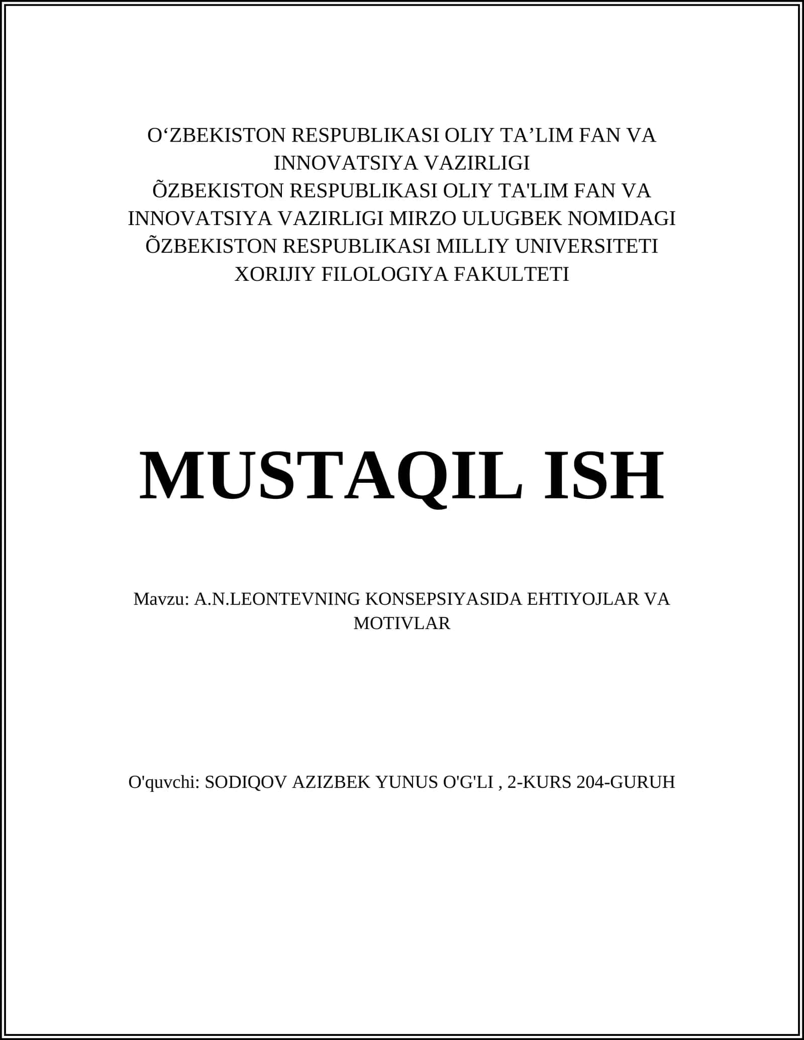 A.N.LEONTEVNING KONSEPSIYASIDA EHTIYOJLAR VA MOTIVLAR