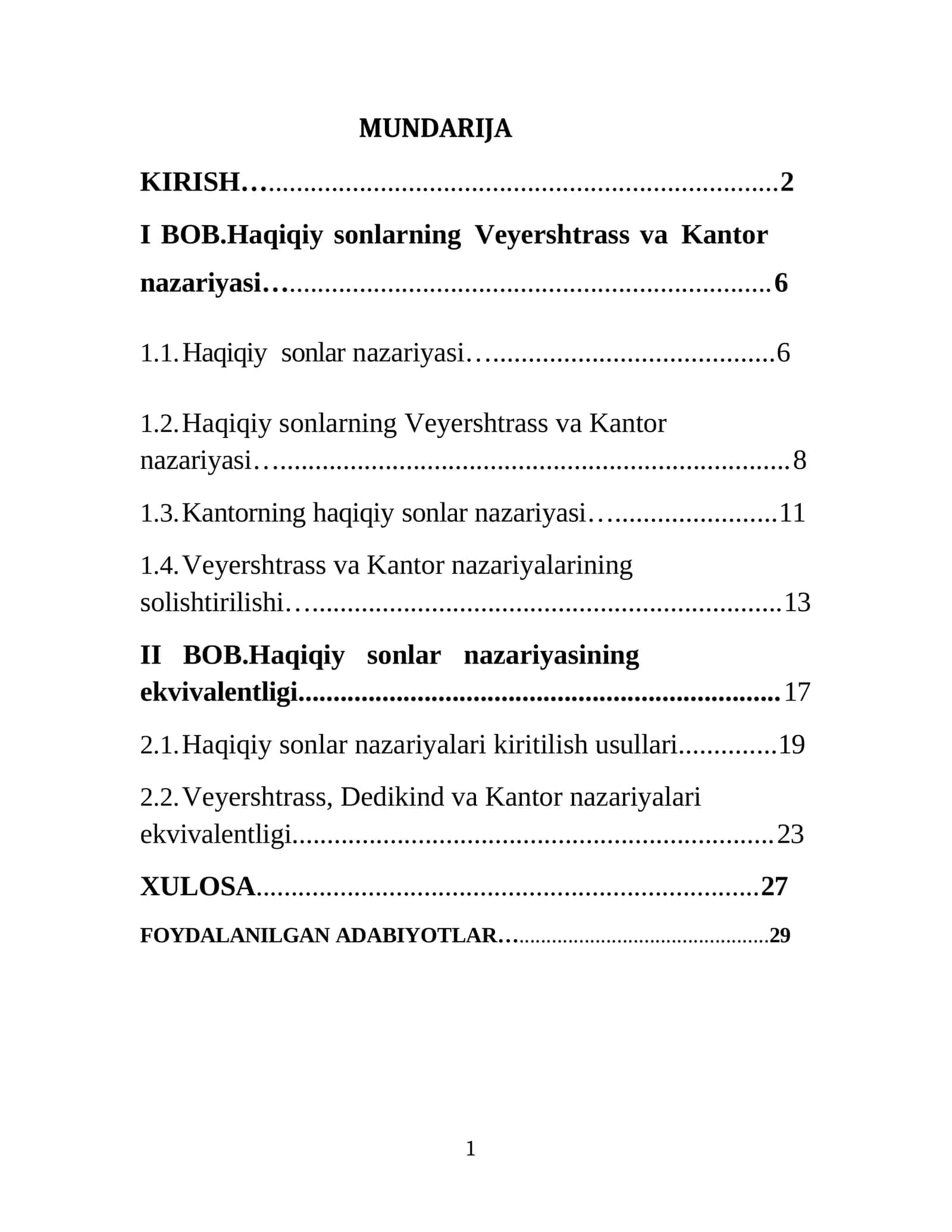 Haqiqiy sonlarning Veyershtrass va Kantor nazariyasi