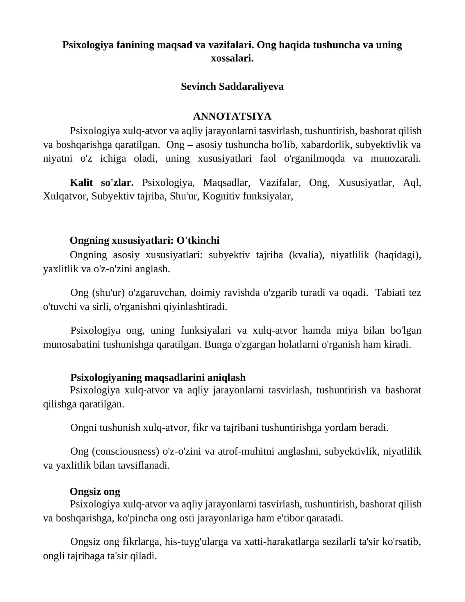 Psixologiya fanining maqsad va vazifalari