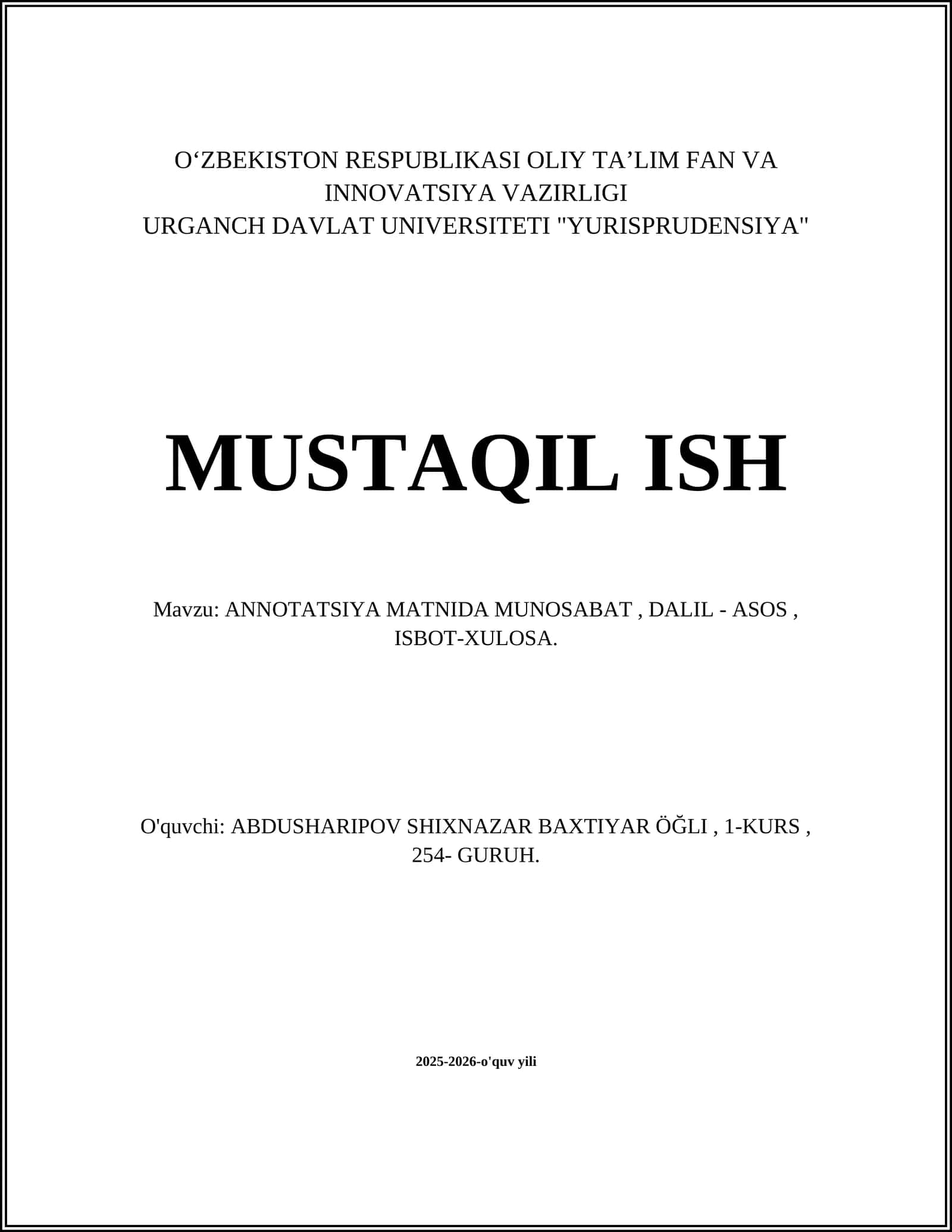 ANNOTATSIYA MATNIDA MUNOSABAT, DALIL - ASOS, ISBOT-XULOSA