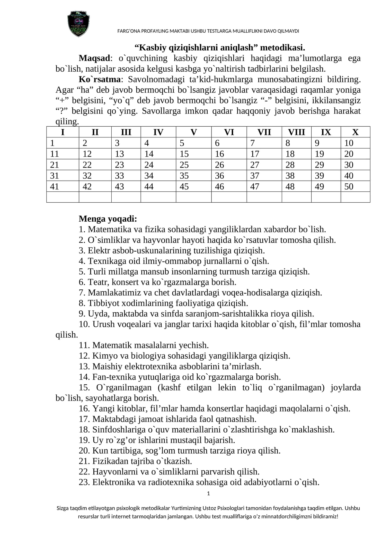 Kasbiy qiziqishlarni aniqlash metodikasi