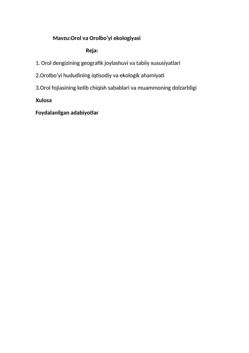 Orol va Orolbo’yi ekologiyasi