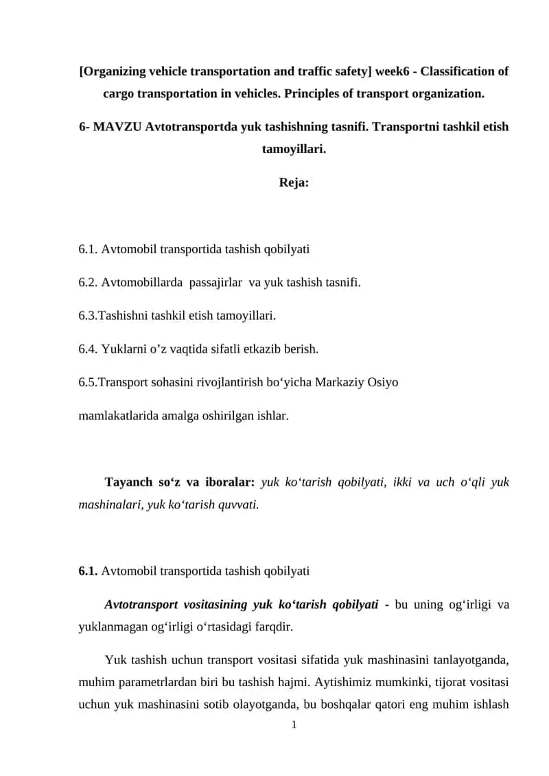 Avtotransportda yuk tashishning tasnifi