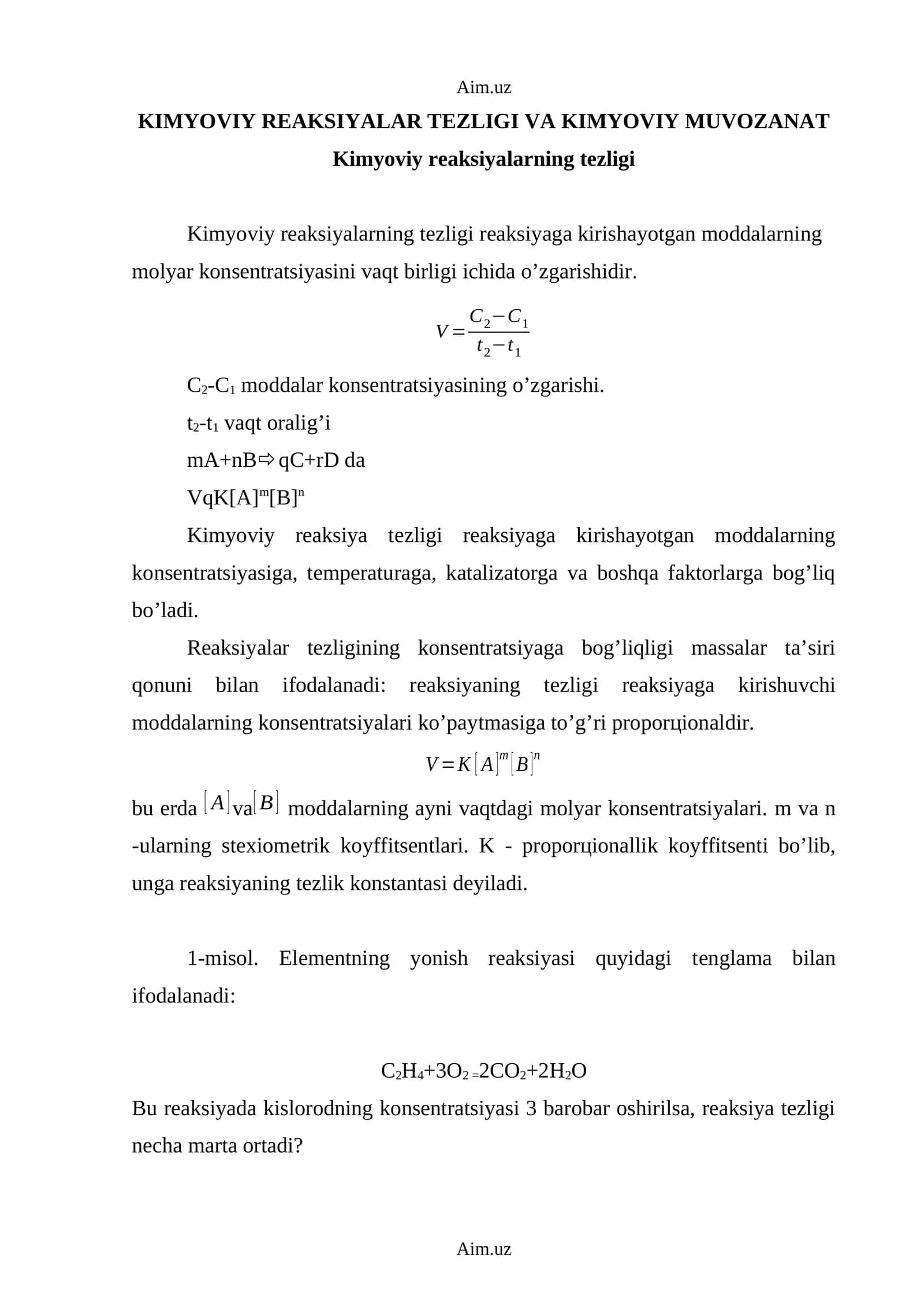 KIMYOVIY REAKSIYALAR TEZLIGI VA KIMYOVIY MUVOZANAT