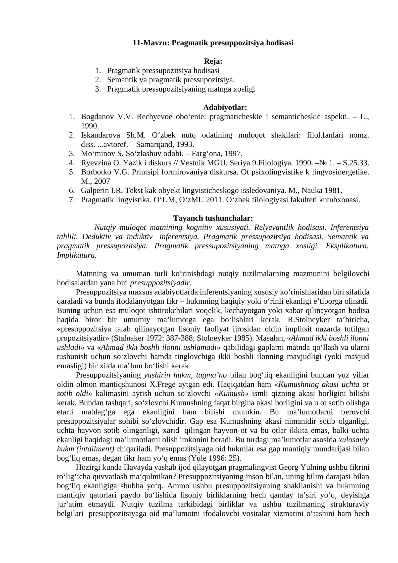 Pragmatik Presuppozitsiya Hodisasi