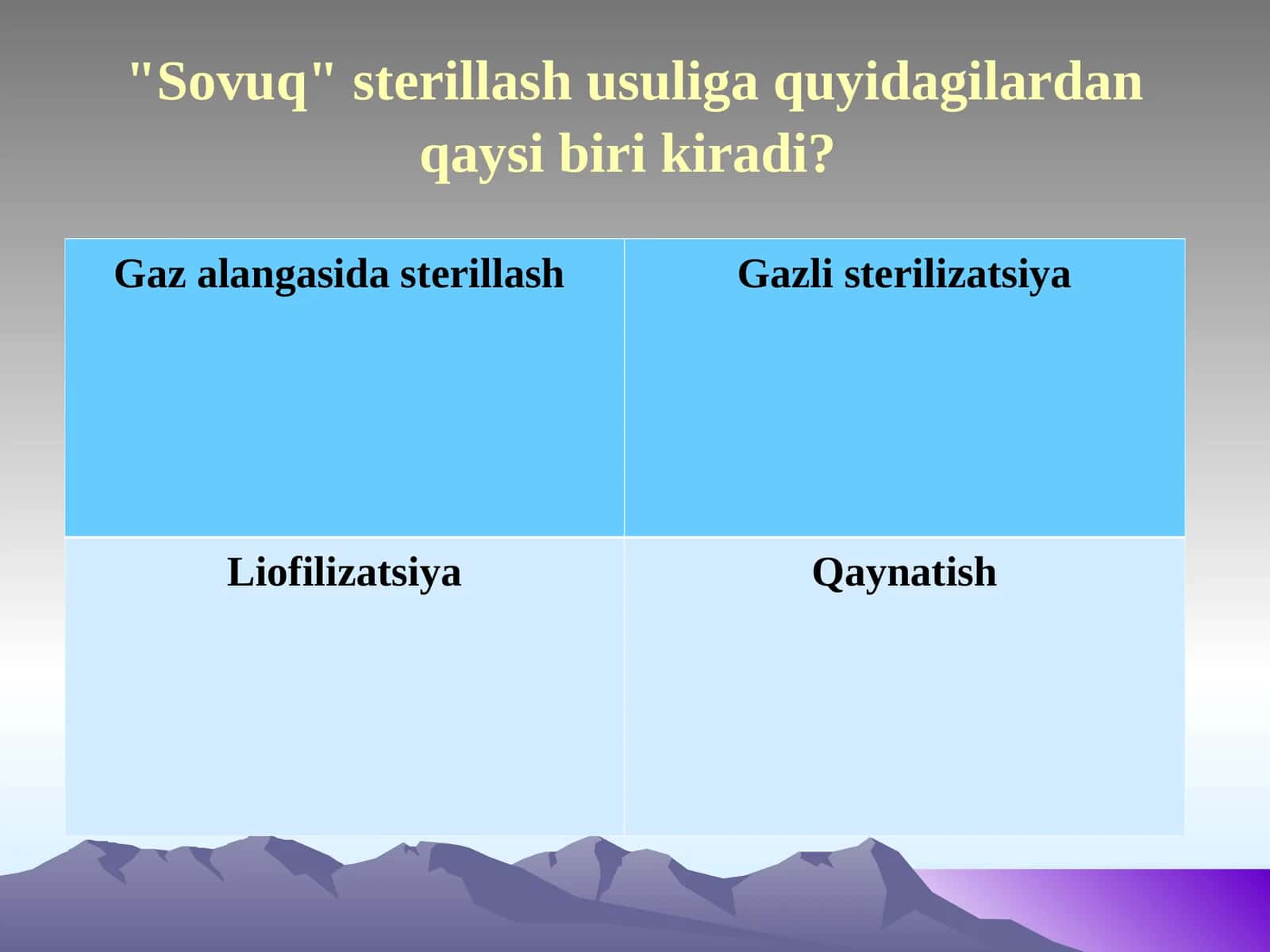 Sovuq" sterillash usuliga quyidagilardan qaysi biri kiradi?