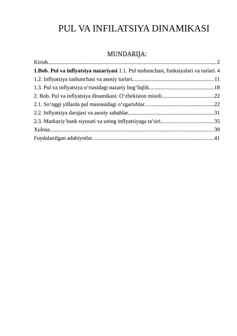 Pul va inflyatsiya dinamikasi