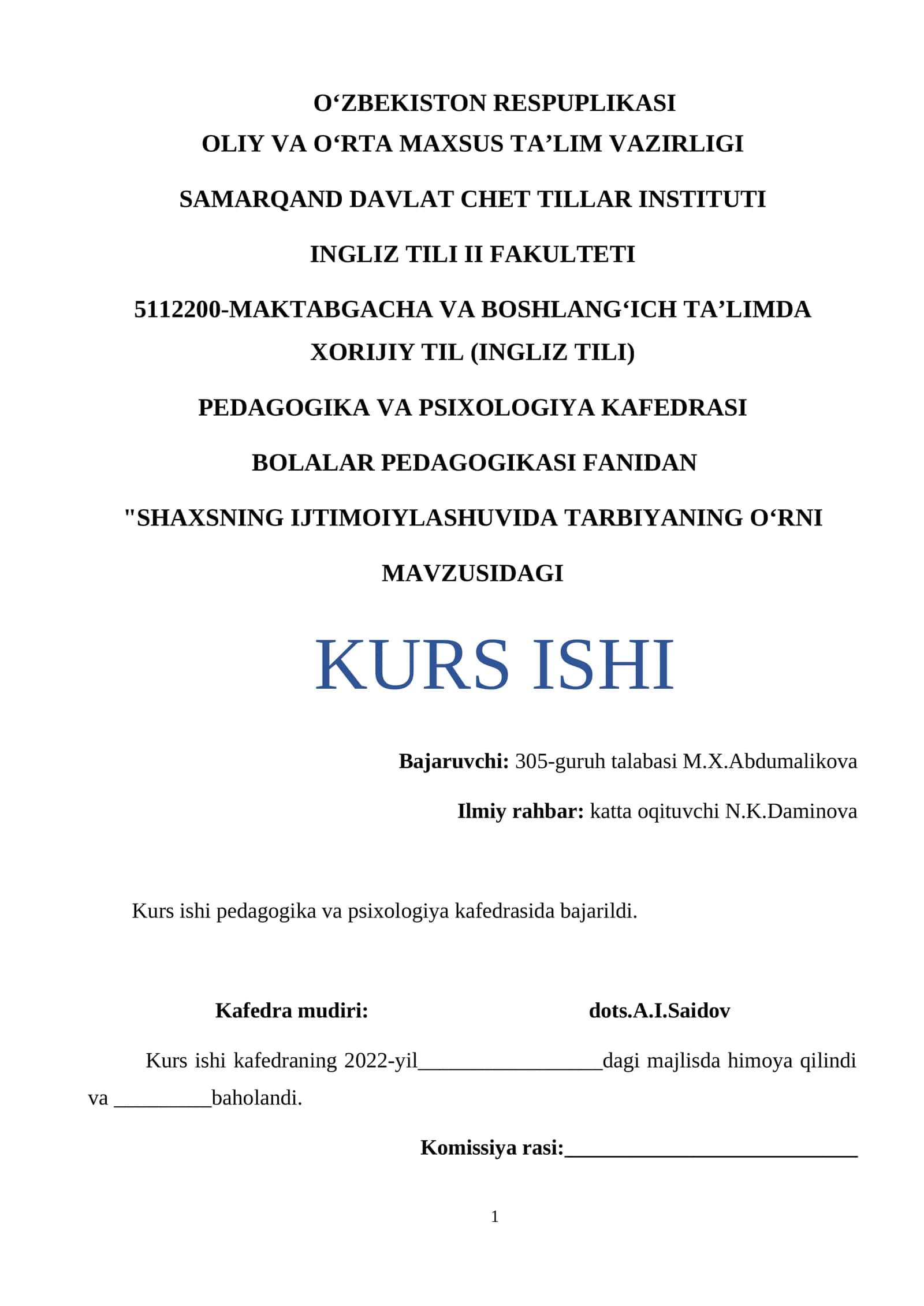 "SHAXSNING IJTIMOIYLASHUVIDA TARBIYANING O‘RNI"
