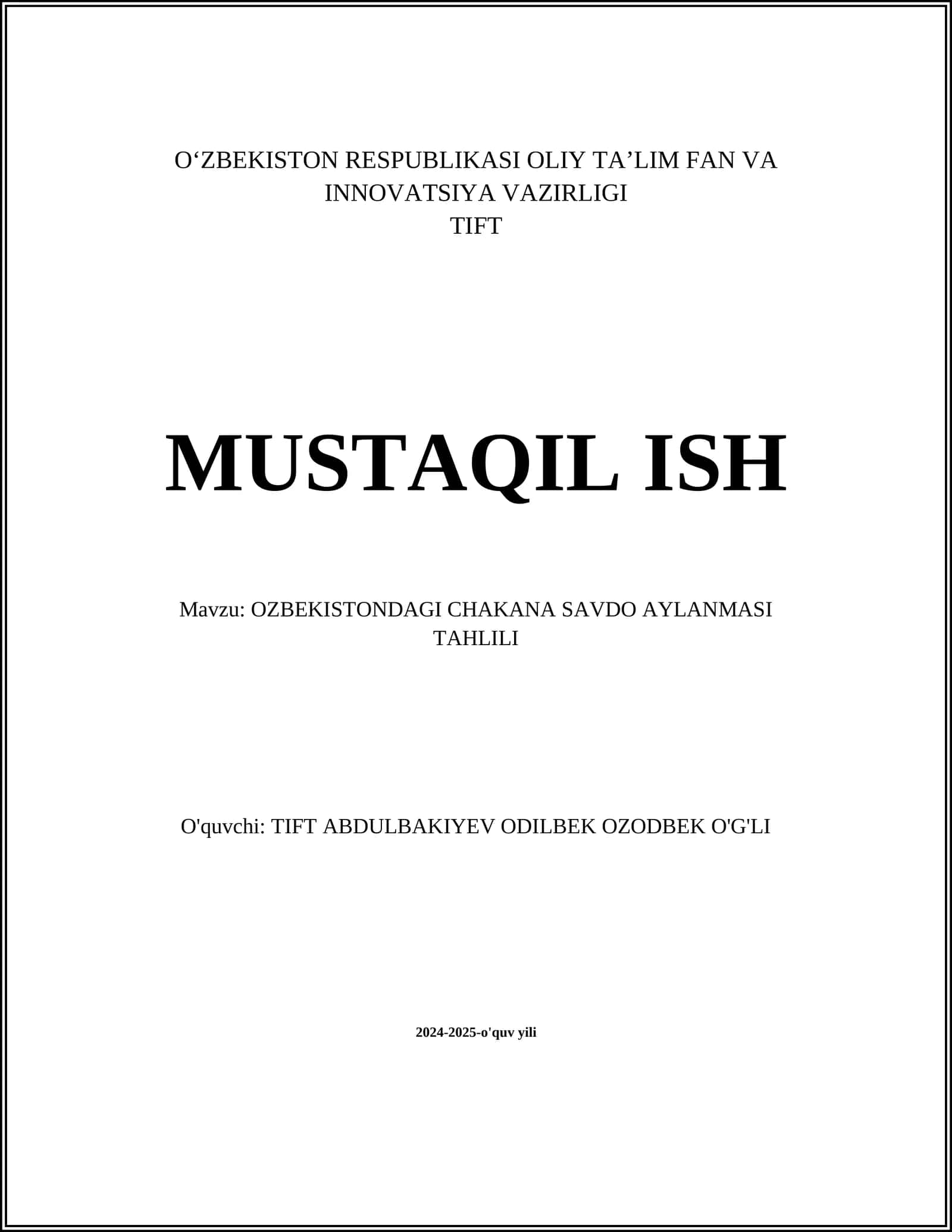 OZBEKISTONDAGI CHAKANA SAVDO AYLANMASI TAHLILI