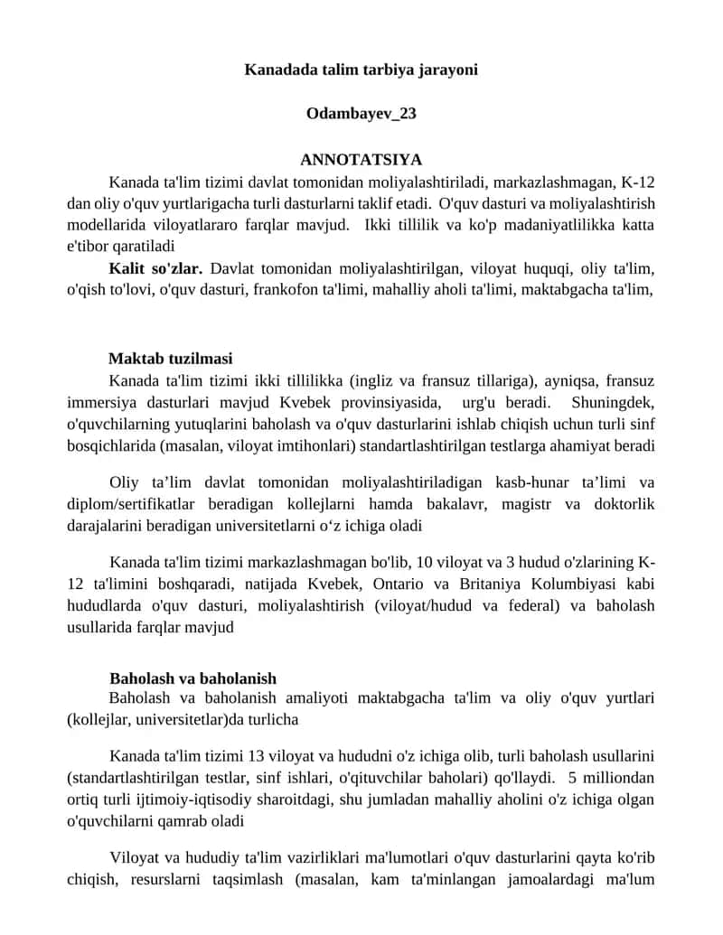 Kanadada talim tarbiya jarayoni