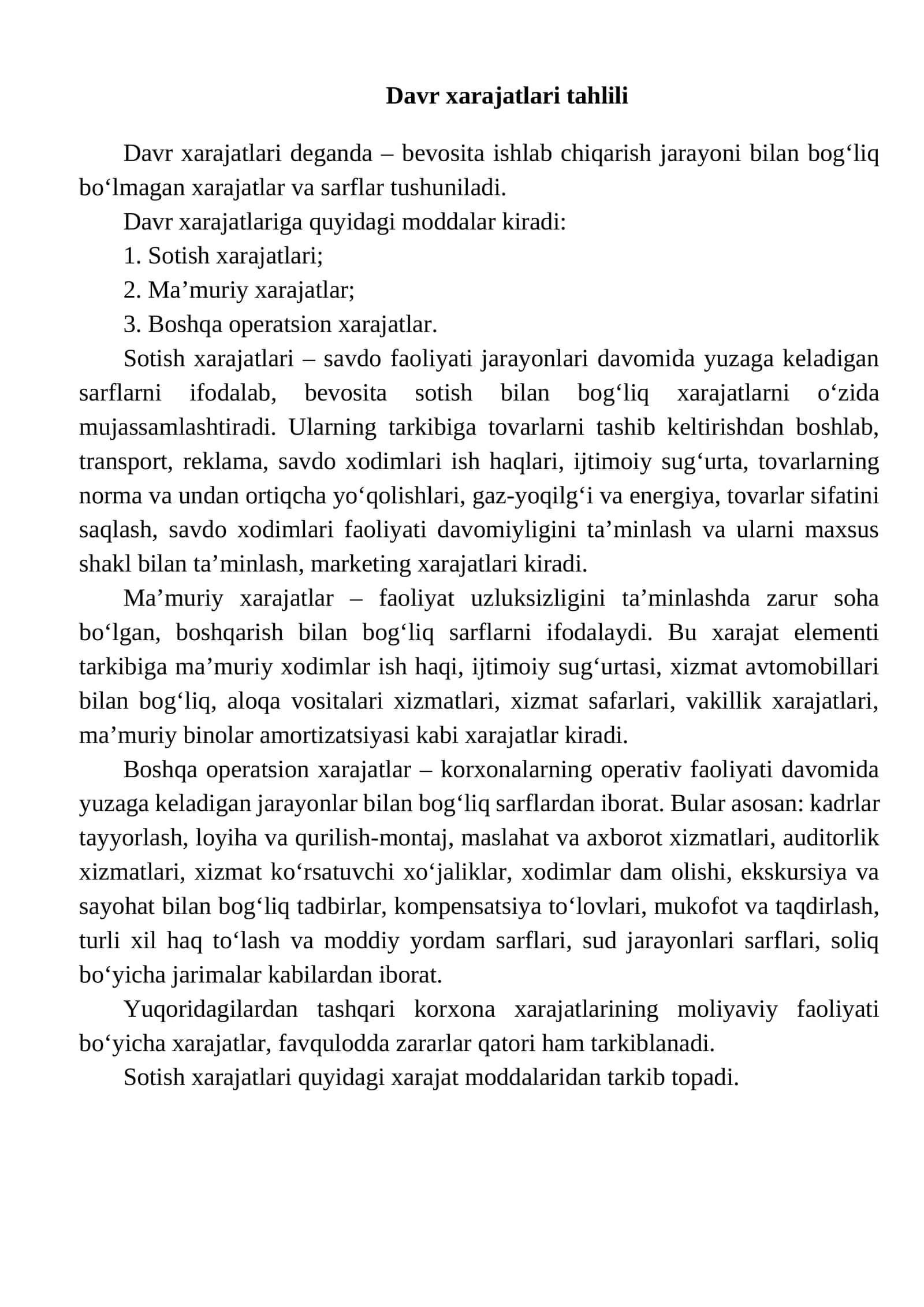 Davr xarajatlari tahlili