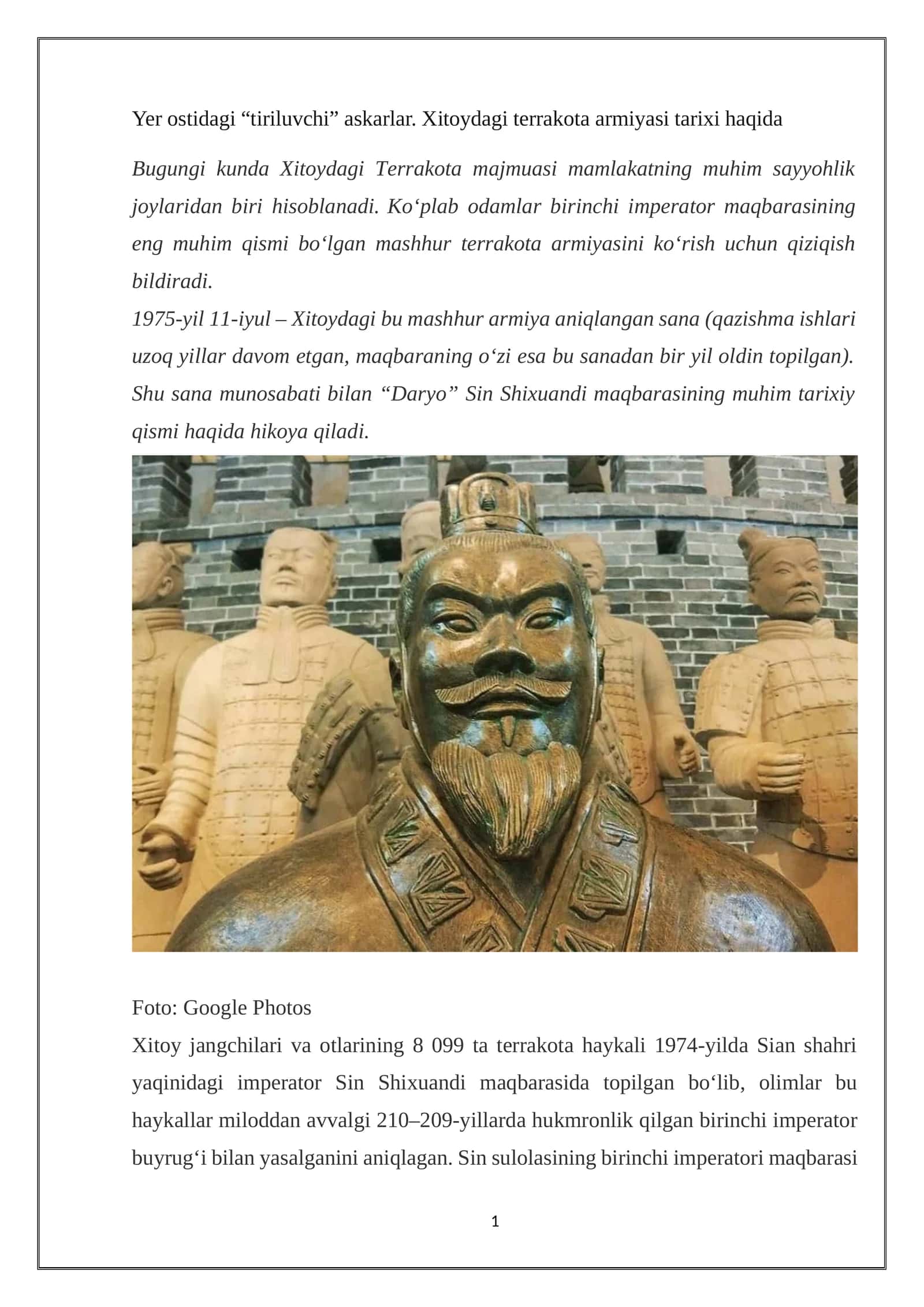Yer ostidagi “tiriluvchi” askarlar. Xitoydagi terrakota armiyasi tarixi haqida