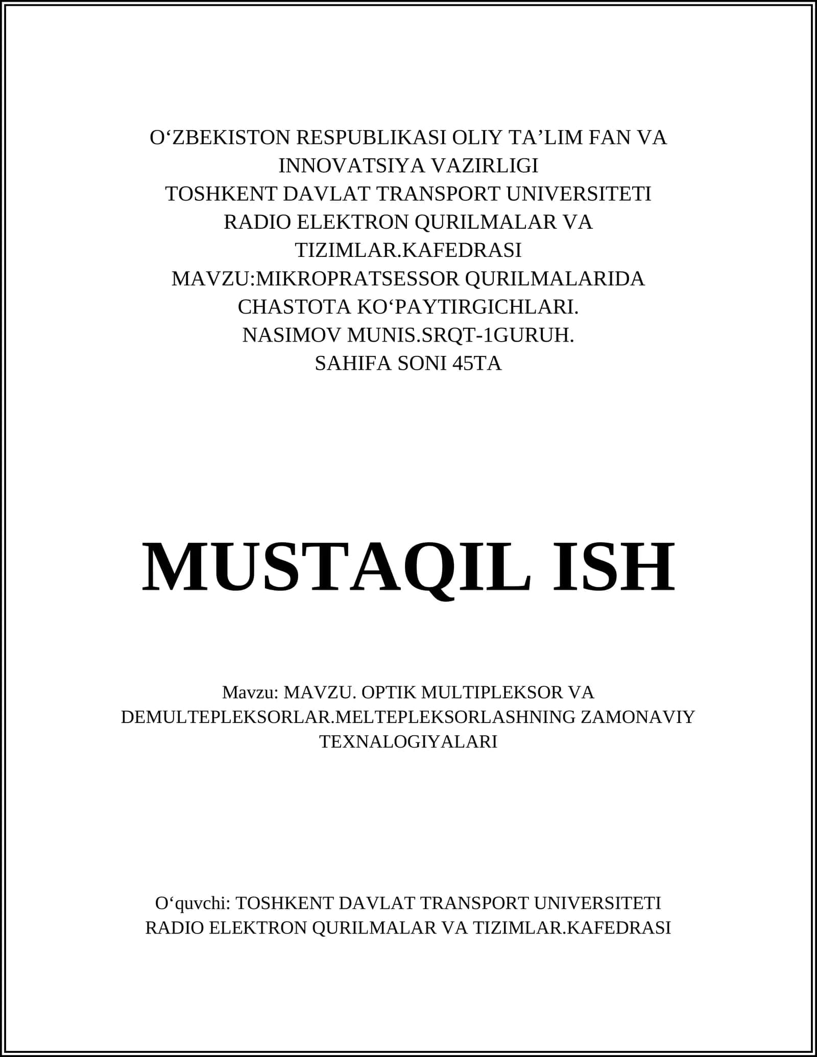 MAVZU: MIKROPRATSESSOR QURILMALARIDA CHASTOTA KO‘PAYTIRGICHLARI