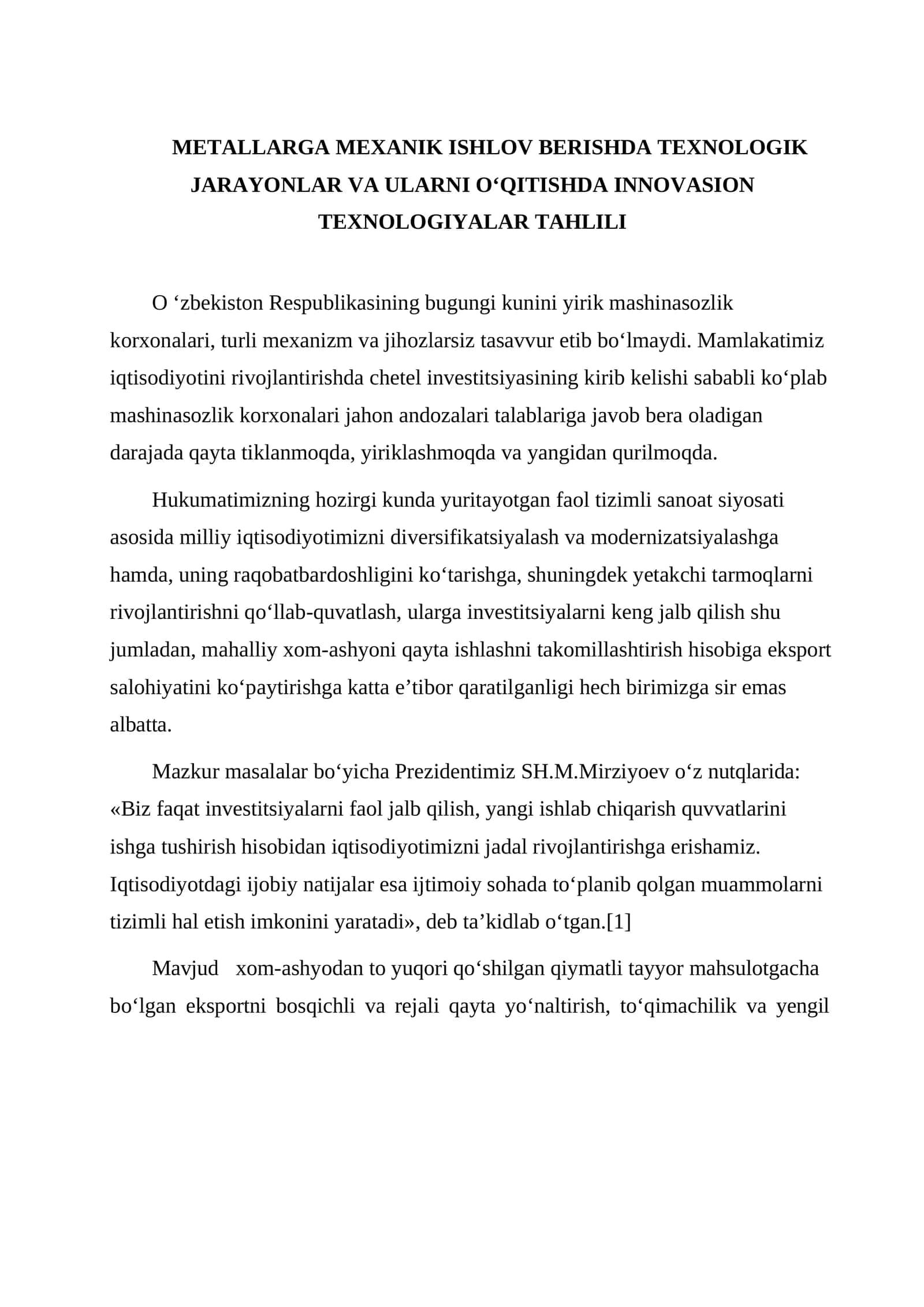 Metallarga Mexanik Ishlov Berishda Texnologik Jarayonlar Va Ularni O‘qitishda Innovasion