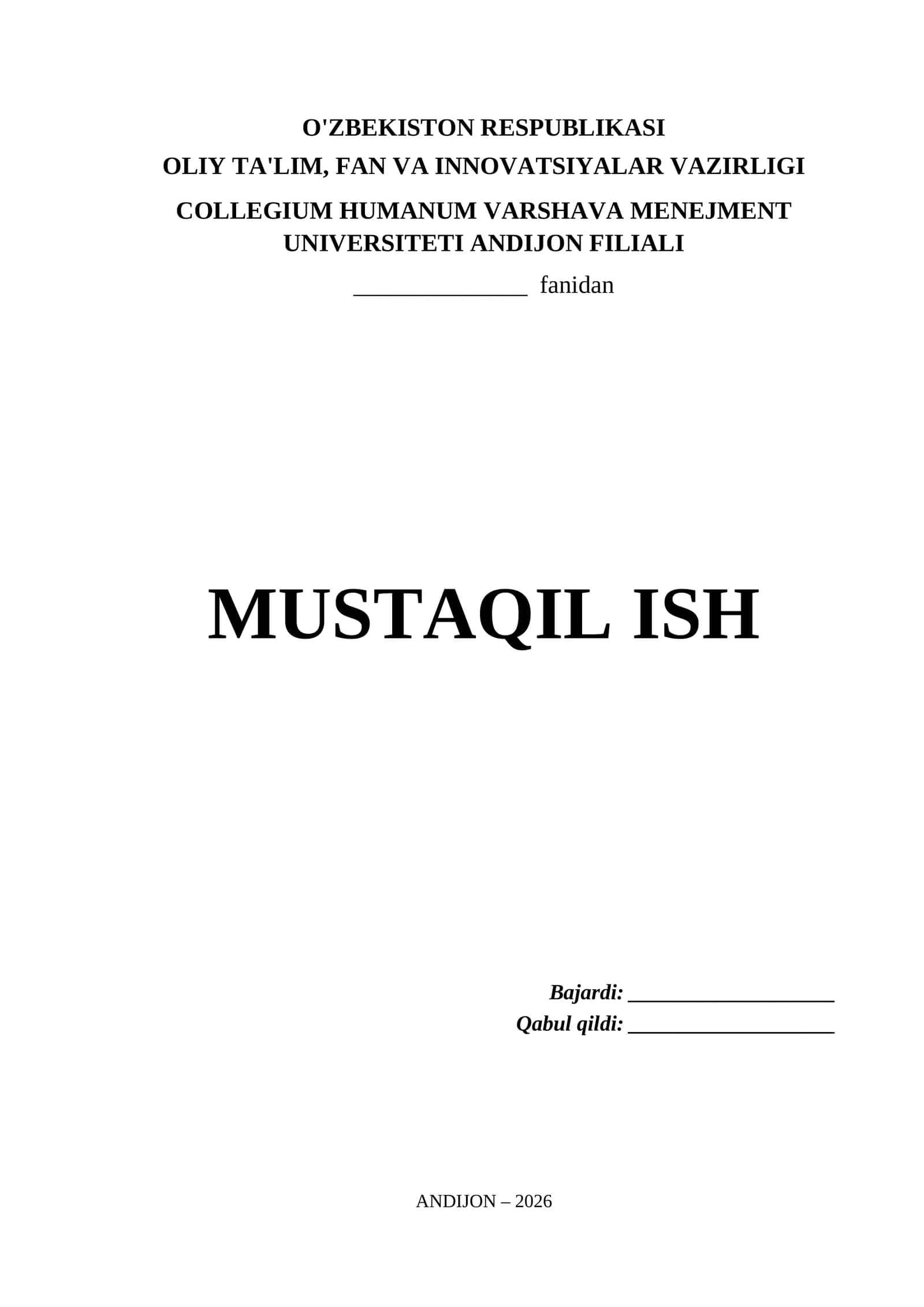 Collegium Humanum Varshava Menejment Universiteti Andijon Filiali Mustaqil Ish Titul Varaq (.docx)