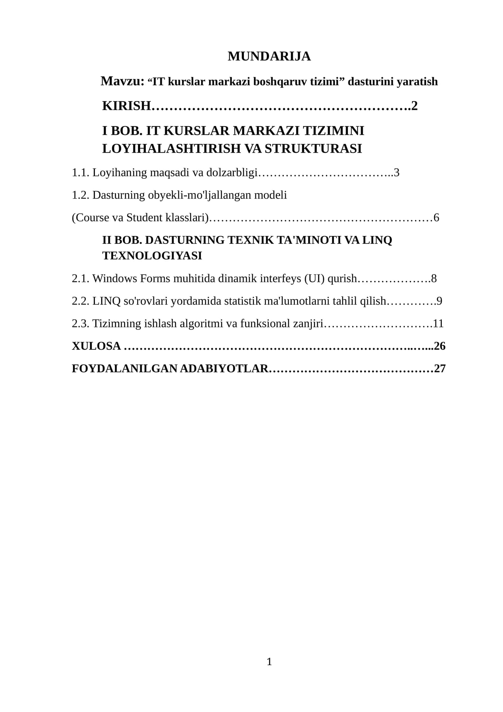 “IT kurslar markazi boshqaruv tizimi” dasturini yaratish
