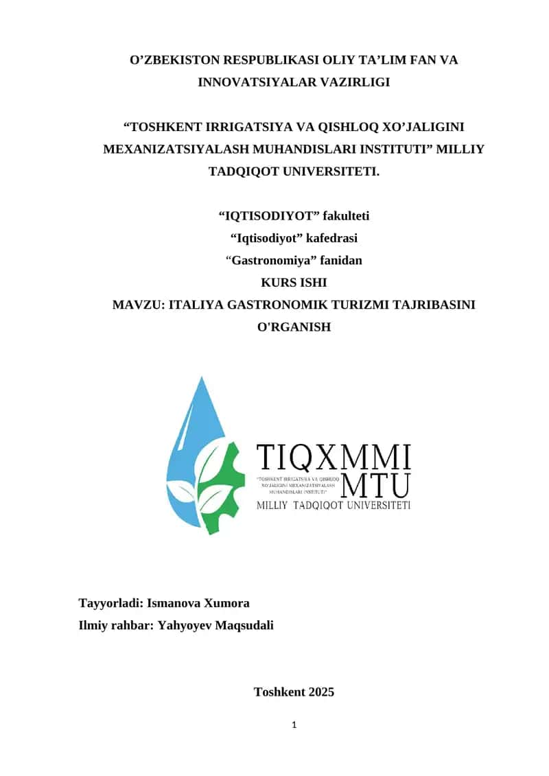 ITALIYA GASTRONOMIK TURIZMI TAJRIBASINI O'RGANISH