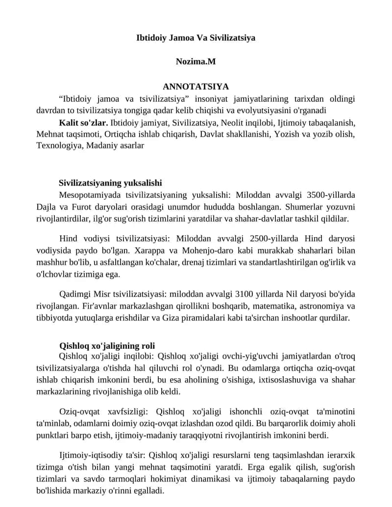 Ibtidoiy Jamoa Va Sivilizatsiya