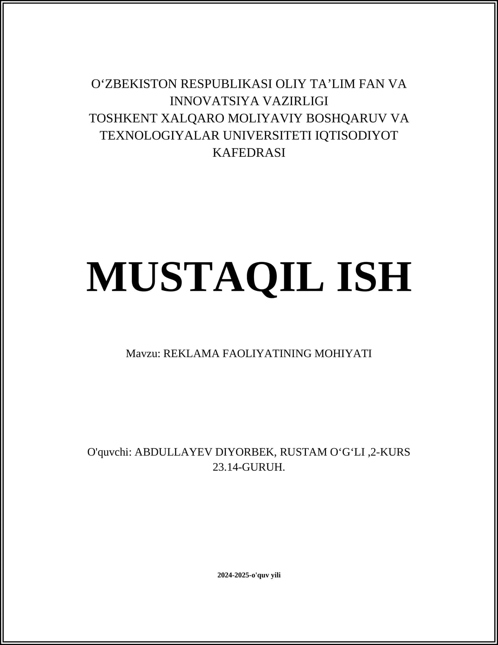 REKLAMA FAOLIYATINING MOHIYATI