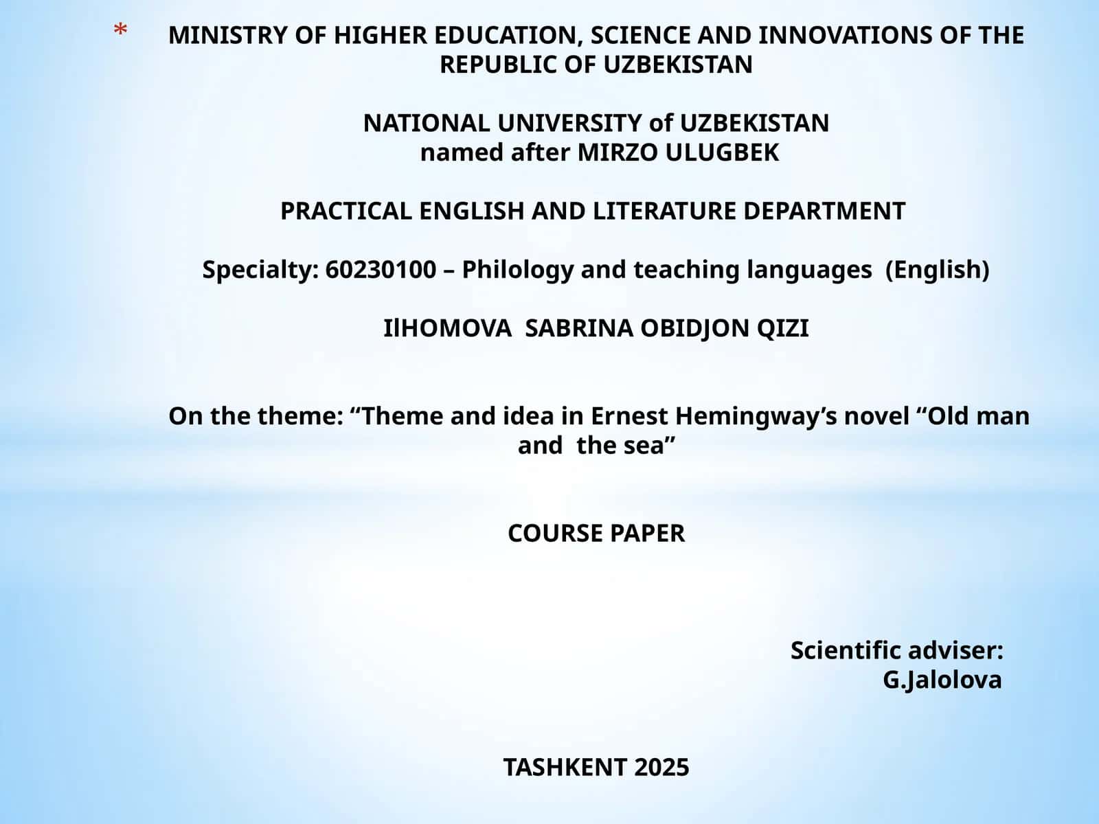 Course Paper on "Theme and Idea in Ernest Hemingway's Novel "Old Man and the Sea"
