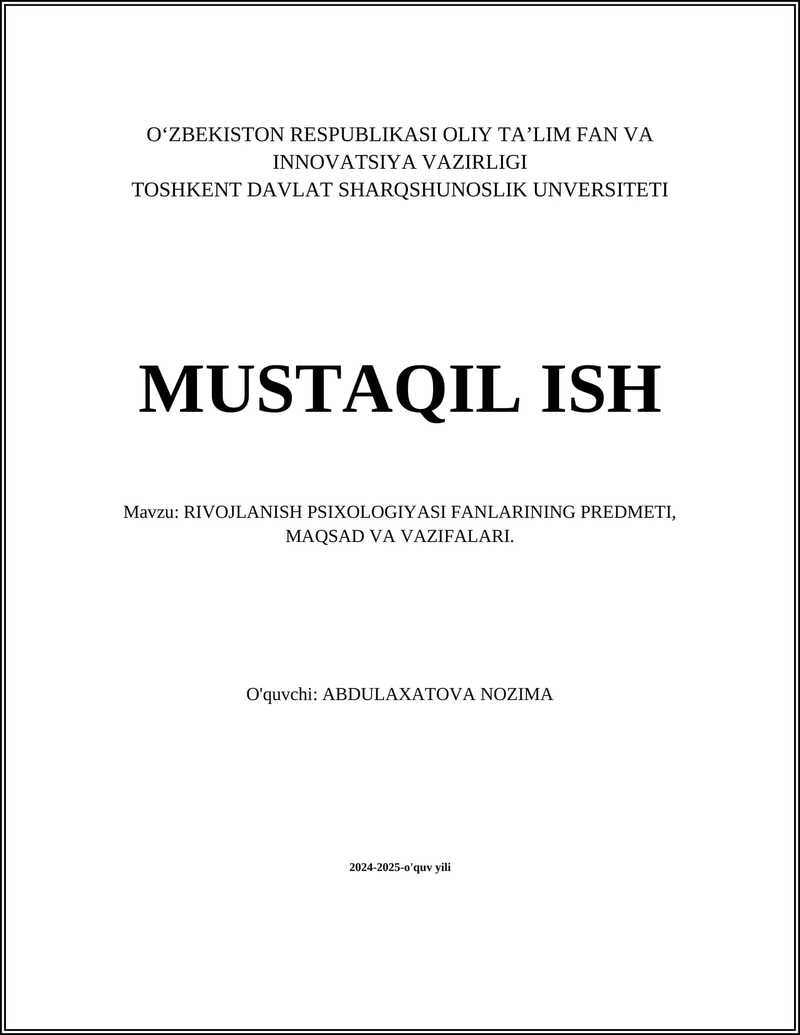 RIVOJLANISH PSIXOLOGIYASI FANLARINING PREDMETI, MAQSAD VA VAZIFALARI