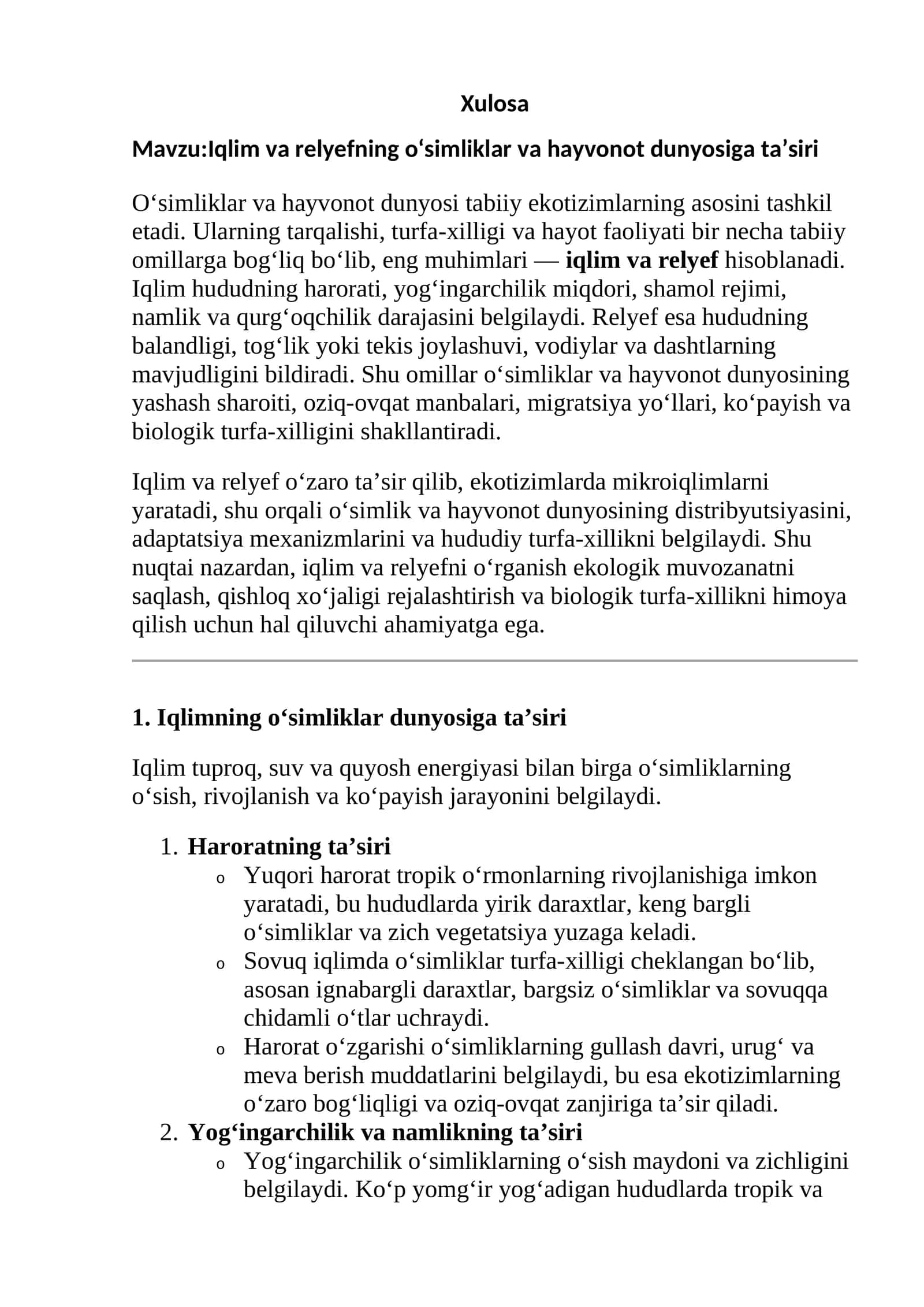 Iqlim va relyefning o‘simliklar va hayvonot dunyosiga ta’siri