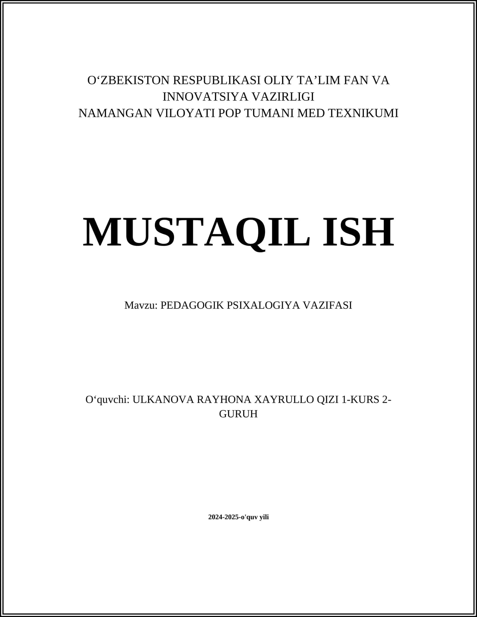 PEDAGOGIK PSIXOLOGIYA VAZIFASI