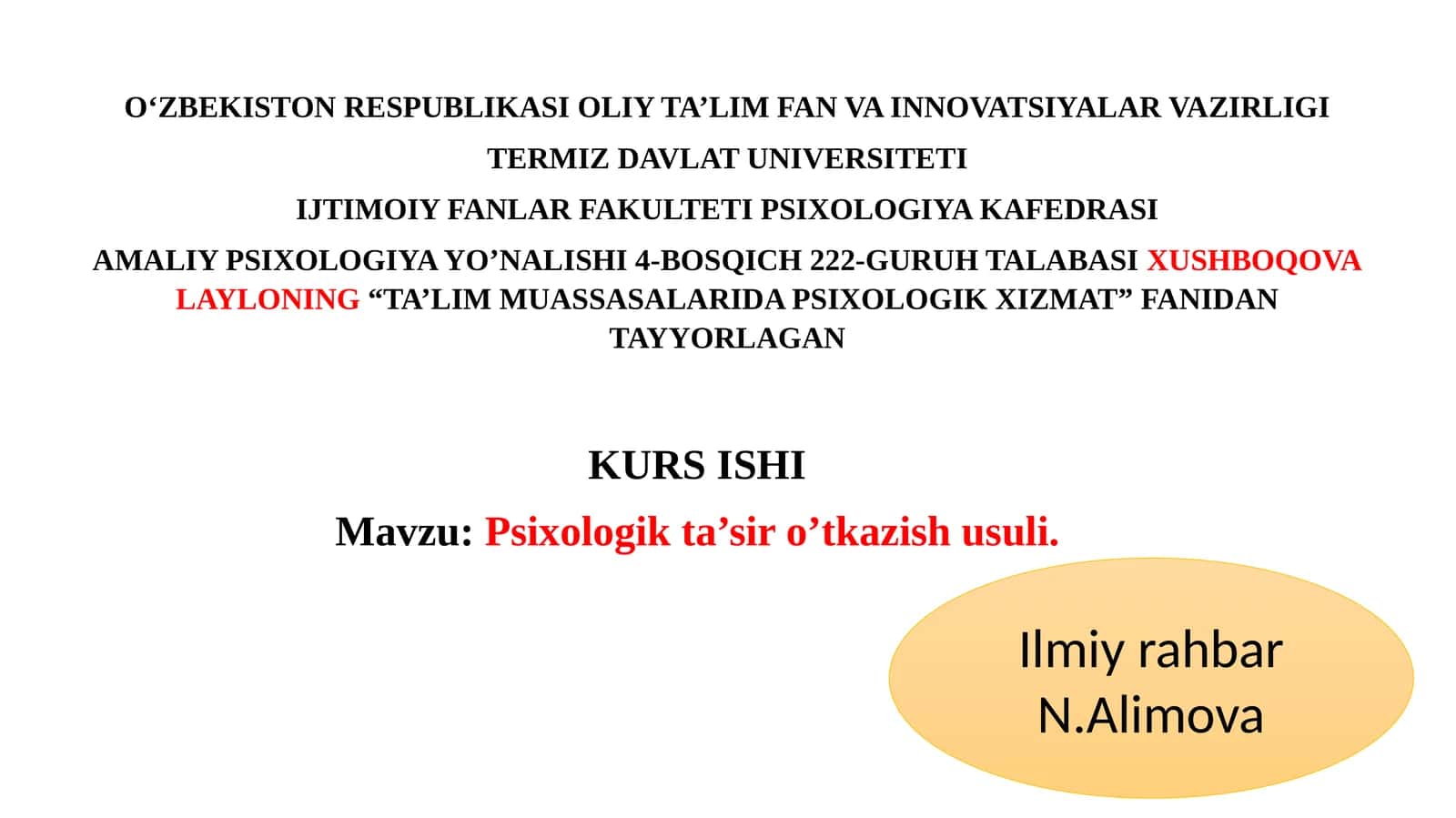 Amaliy Psixologiya Yo’nalishi: Psixologik Ta’sir O’tkazish Usuli