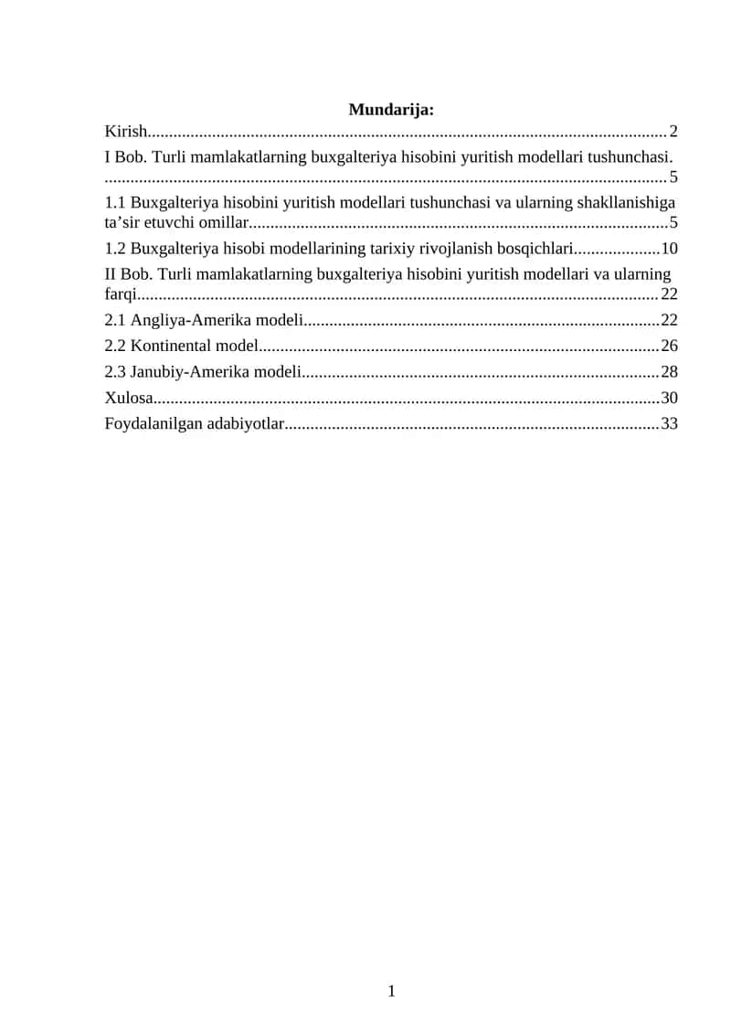 Turli mamlakatlarning buxgalteriya hisobini yuritish modellari tushunchasi KURS ISHI