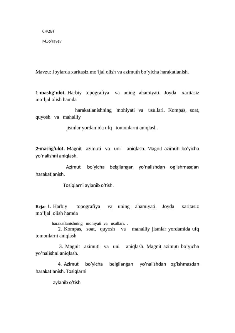 Joylarda xaritasiz mo‘ljal olish va azimuth bo’yicha harakatlanish