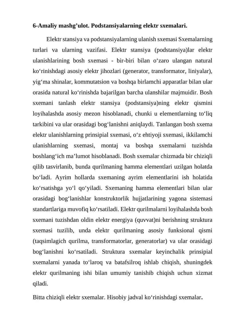 6-Amaliy mashg’ulot. Podstansiyalarning elektr sxemalari.