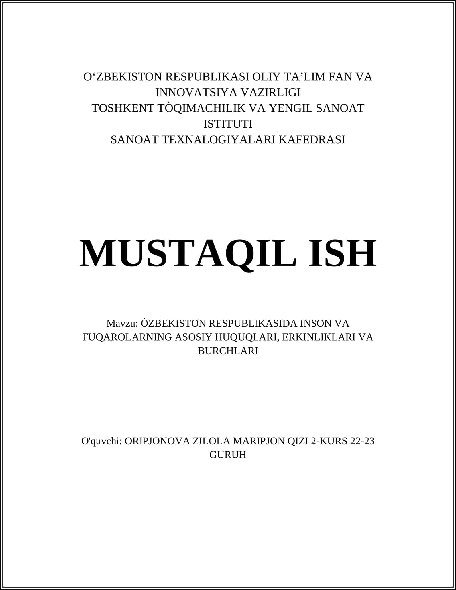 Inson va Fuqarolarning Asosiy Huquqlari, Erkinliklari va Burchlari