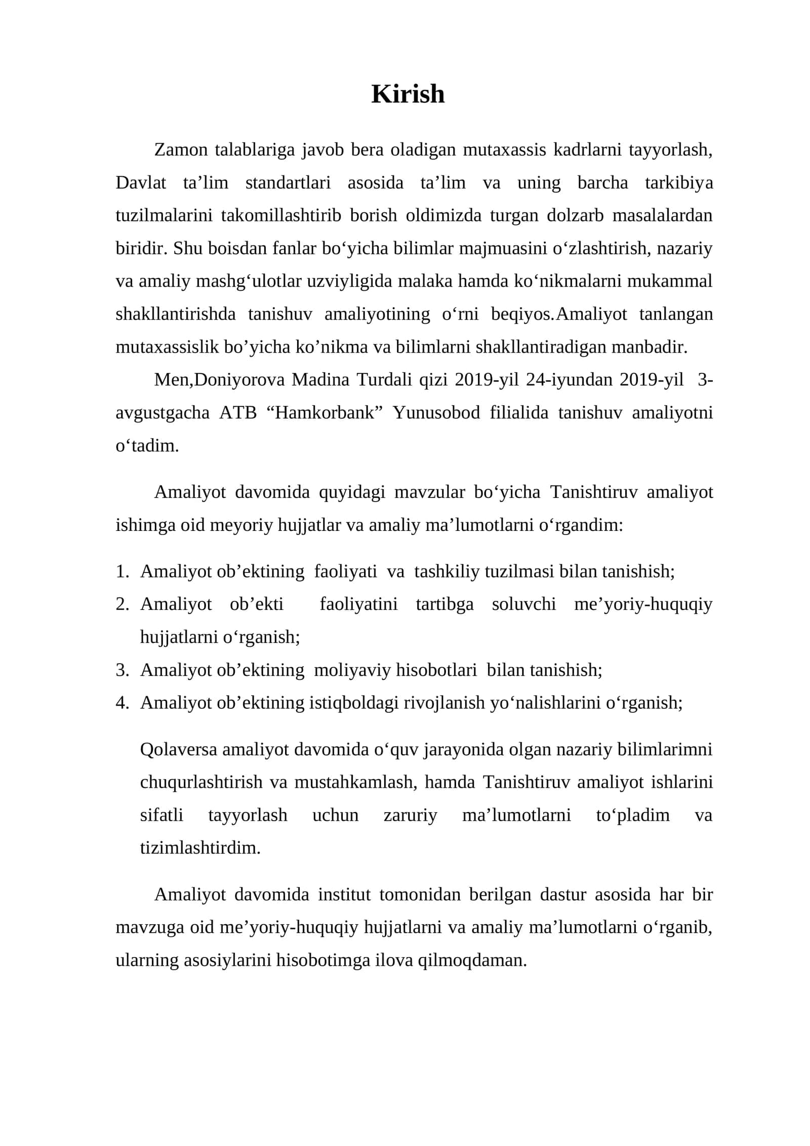 Bank ishi bo'yicha tanishtiruv amaliyot hisoboti