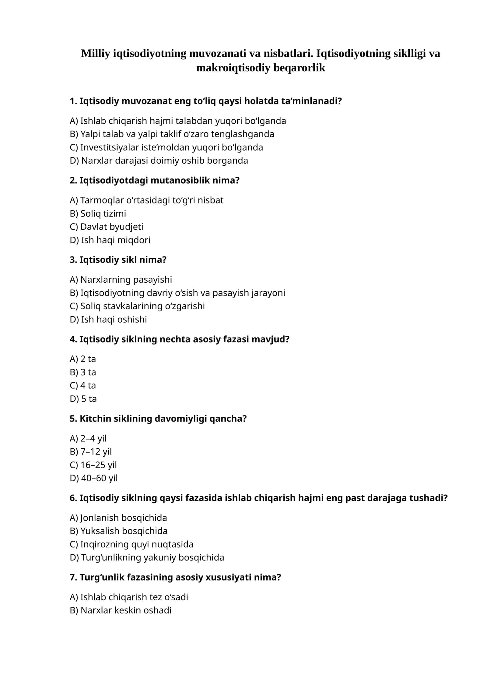 Milliy iqtisodiyotning muvozanati va nisbatlari. Iqtisodiyotning siklligi va makroiqtisodiy beqarorlik