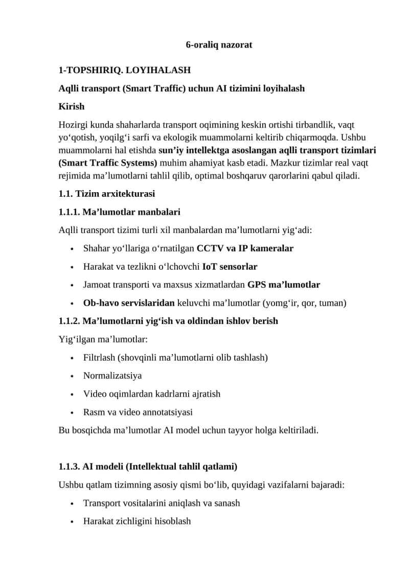 Aqlli transport (Smart Traffic) uchun AI tizimini loyihalash