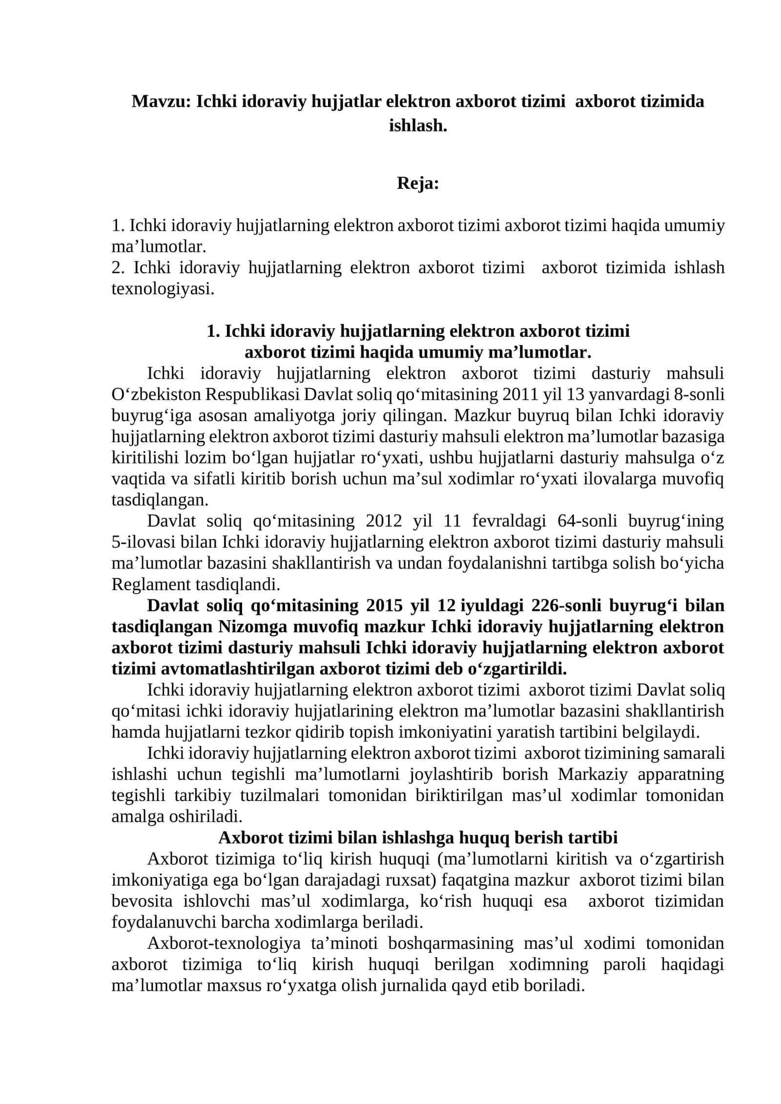 Ichki idoraviy hujjatlar elektron axborot tizimi  axborot tizimida