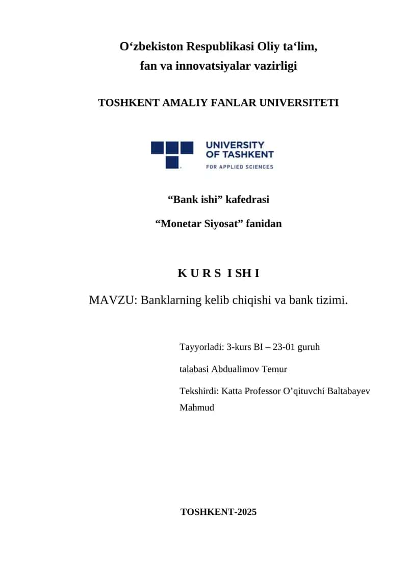 Banklarning kelib chiqishi va bank tizimi