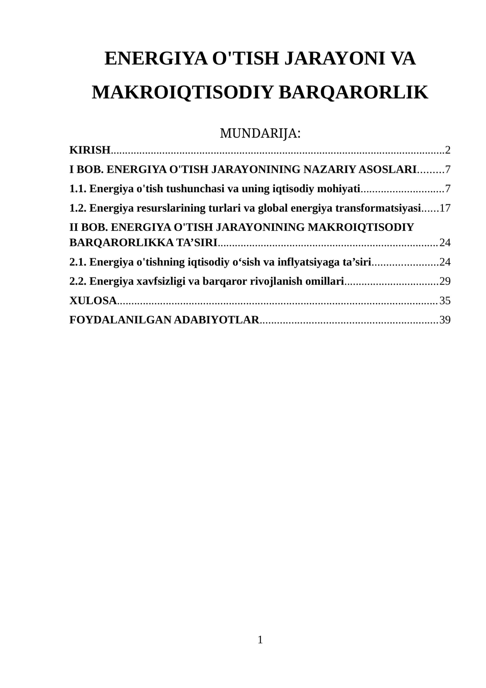 ENERGIYA O'TISH JARAYONI VA MAKROIQTISODIY BARQARORLIK