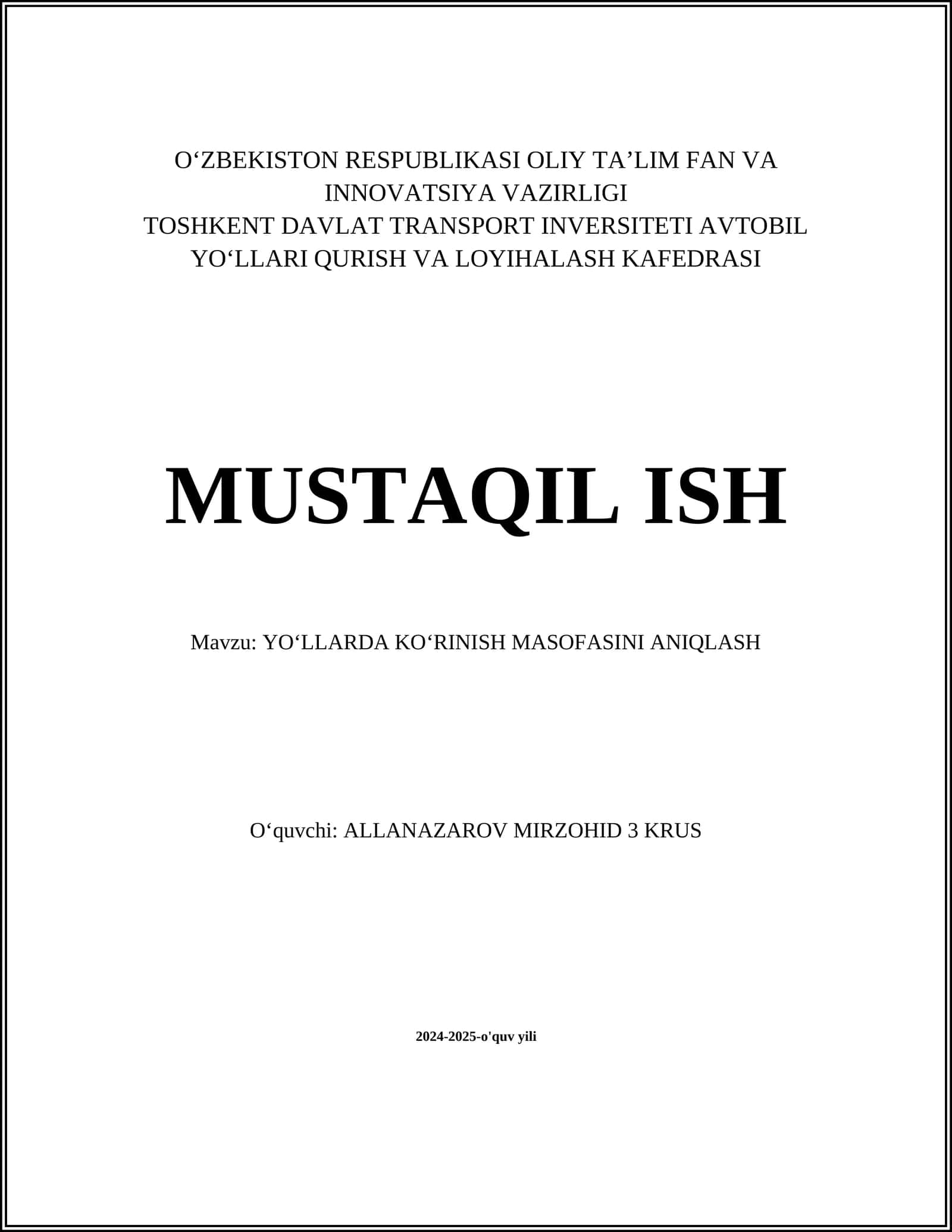 YOʻLLARDA KOʻRINISH MASOFASINI ANIQLASH