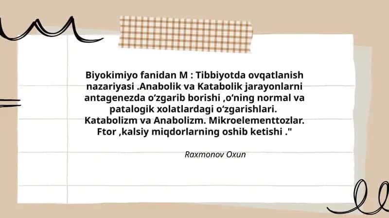 Biyokimiyo fanidan M: Tibbiyotda ovqatlanish nazariyasi