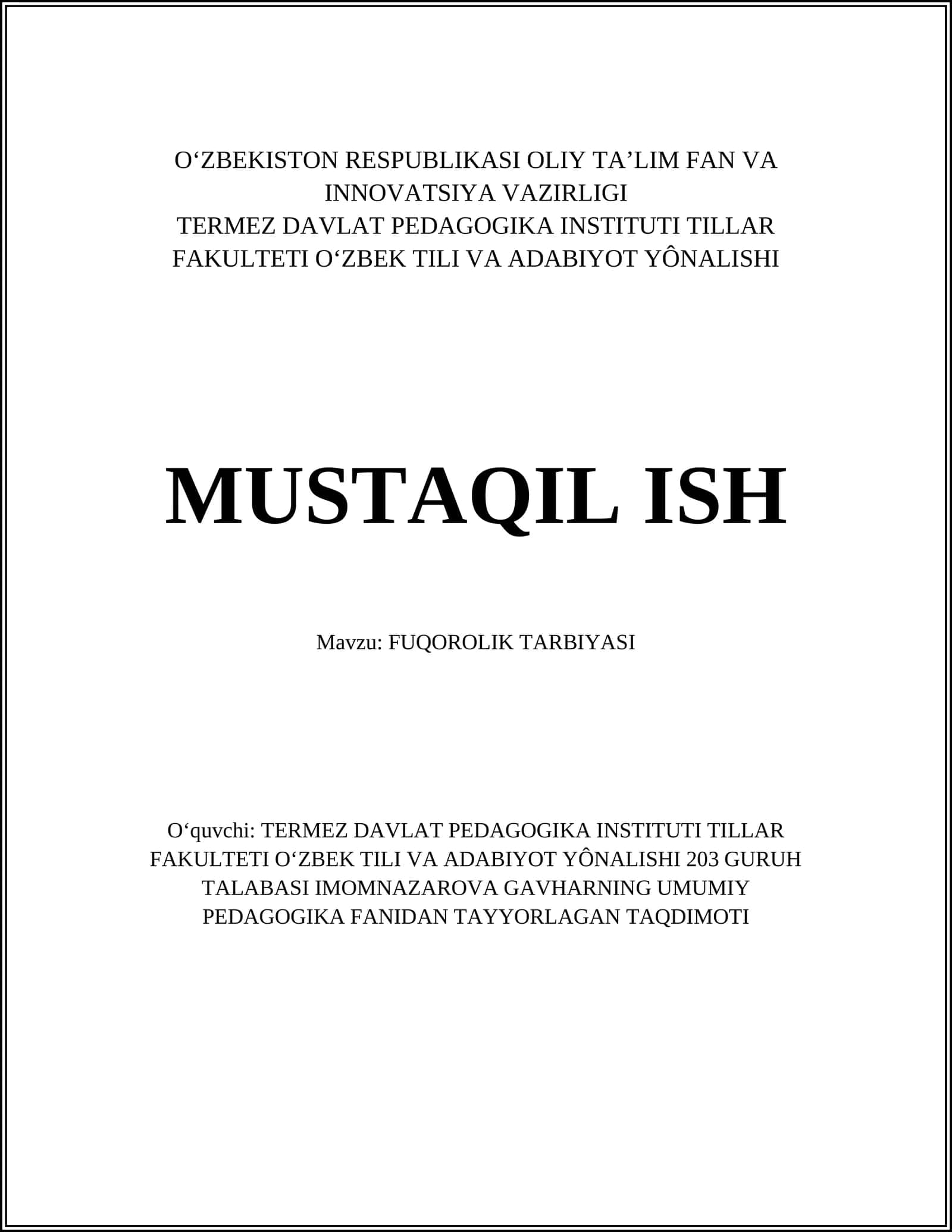 FUQOROLIK TARBIYASI