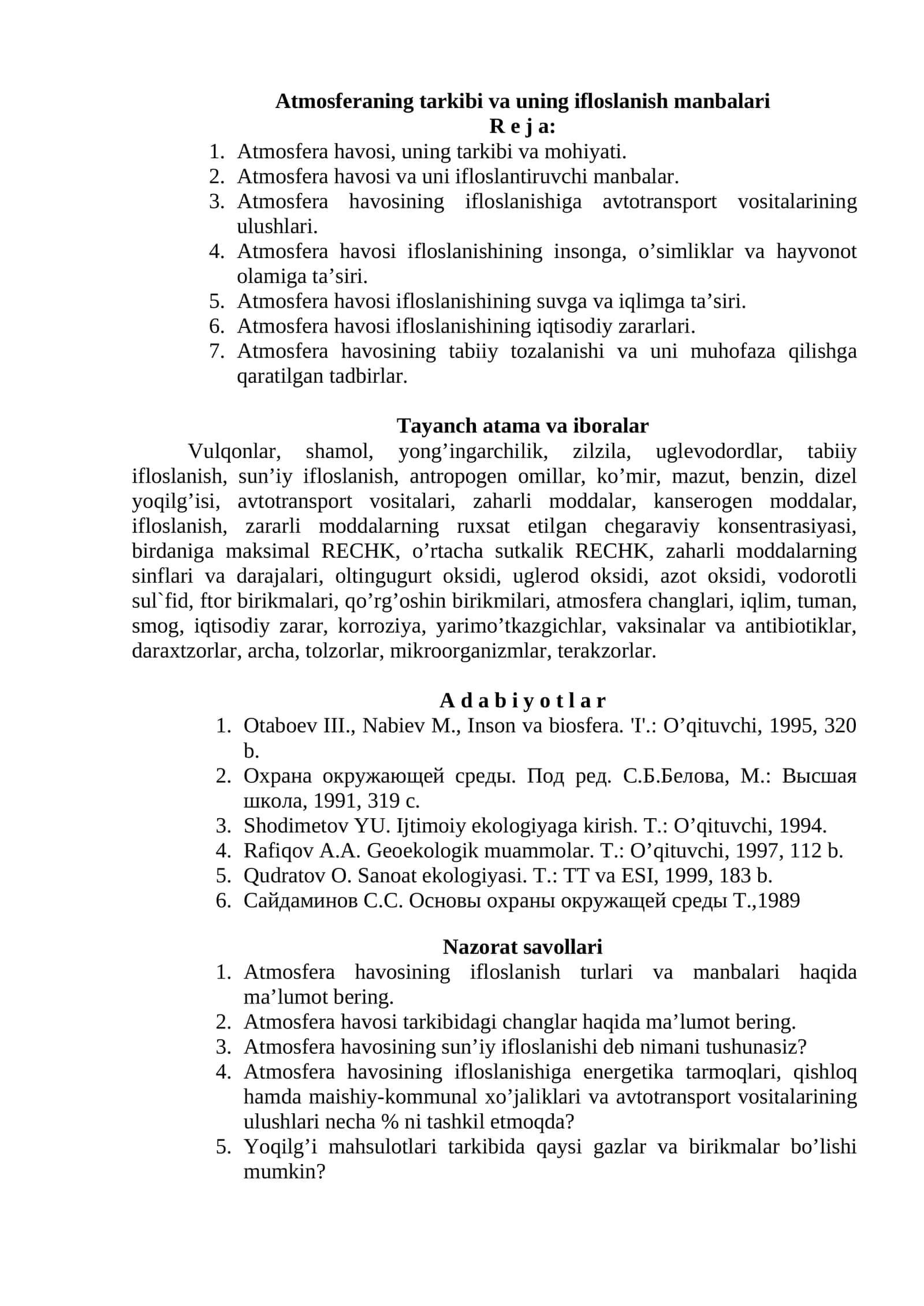 Atmosferaning tarkibi va uning ifloslanish manbalari